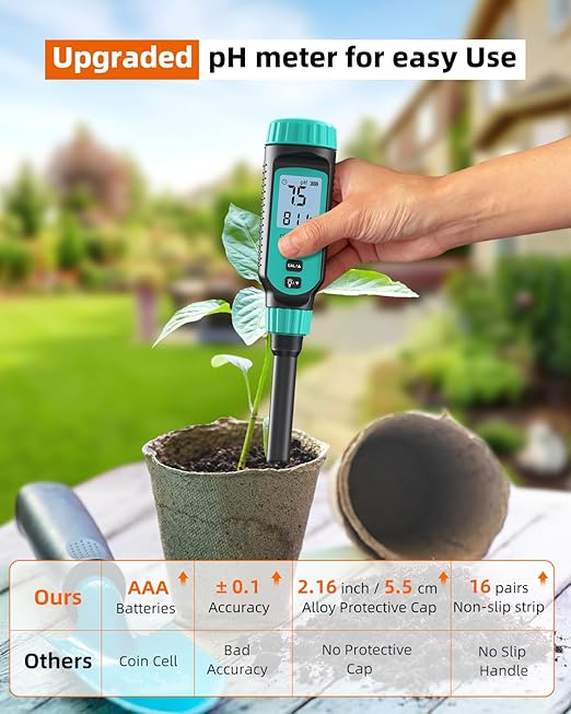 Tadeto Soil pH Tester, High Accuracy Digital pH Meter for Soil, Garden, Water, Plants, Solution and Food, Soil pH Test Kit with Thermometer LCD Display, Calibration Powder and Alloy Protective Cap