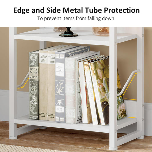 Hosfais Book Shelf Small Bookshelf: 5 Tier Wood Bookcase Industrial Bookshelf with Edge Protection Metal Narrow Bookcase Storage Organizer Display Rack for Bedroom Home Office, White