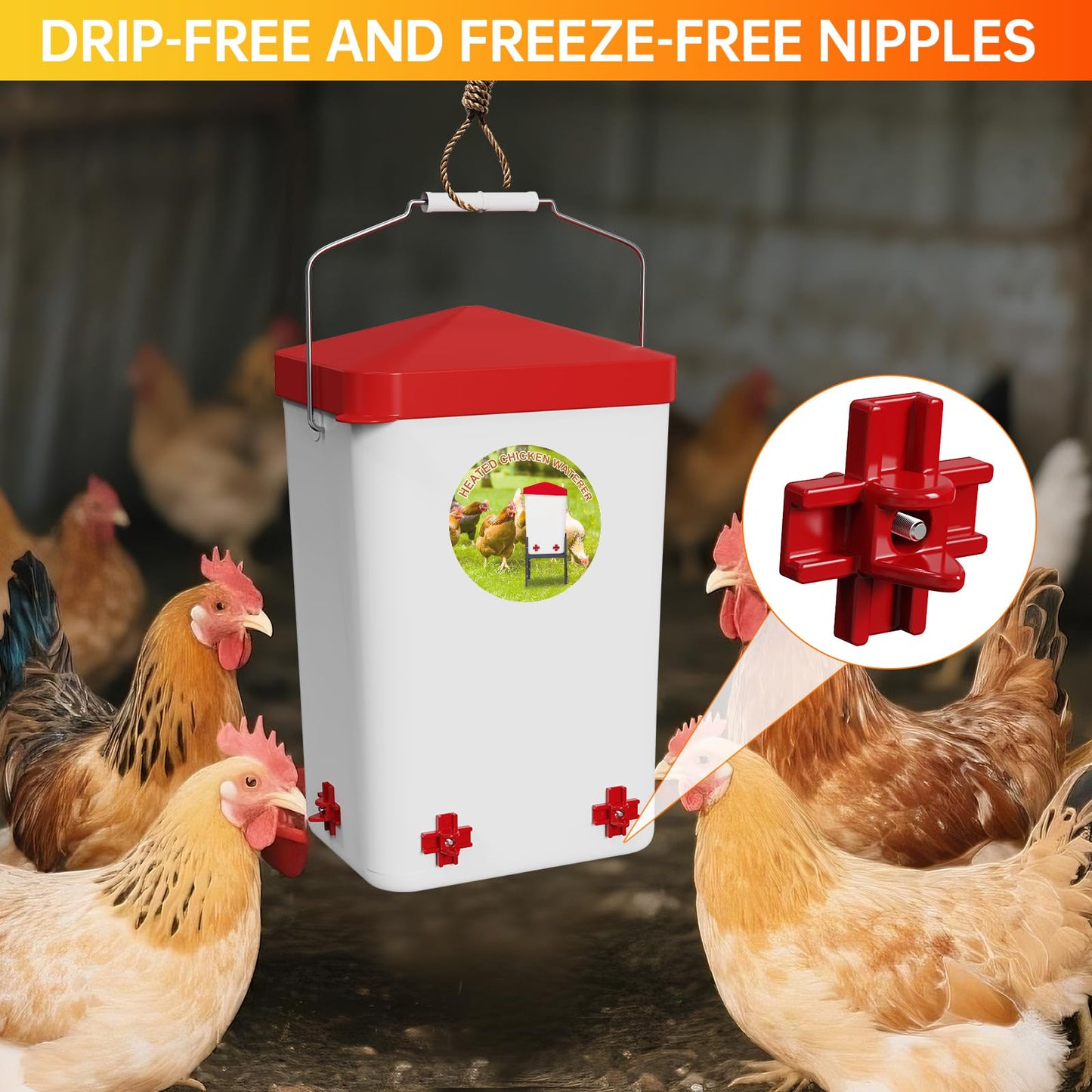 Nexum 2 Gallon Heated Chicken Waterer - Outdoor Unfrozen Poultry Drinker for Winter with 4 Nipples and Adjustable Stand Automatic Chicks Water Bucket (Red, 3 Gallon)