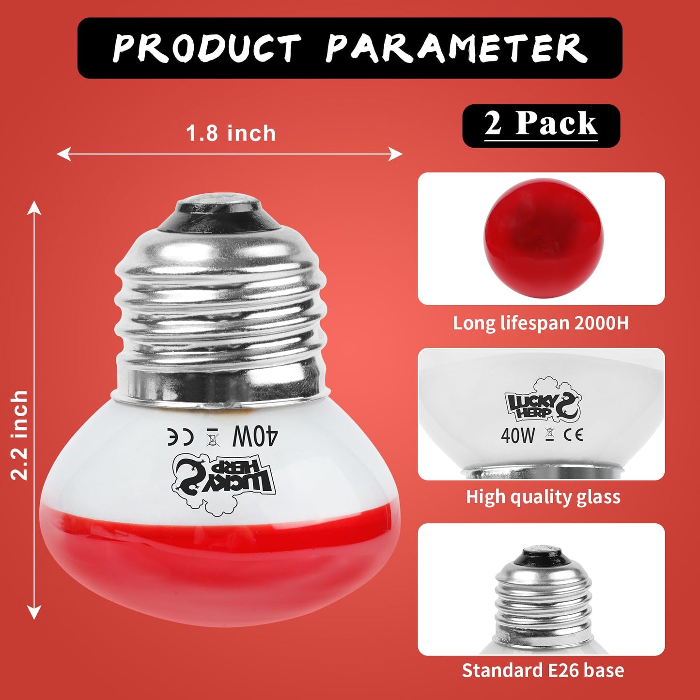 LUCKY HERP Infrared Heat Lamp, 40W Reptile Heat Lamp 2 Pack Red Heat Lamp Bulbs, Infrared Basking Spot Heat Light Bulb, Amphibians Heat Lamp Bulbs for Reptile, Geckos, Snakes, Lizard, Turtle