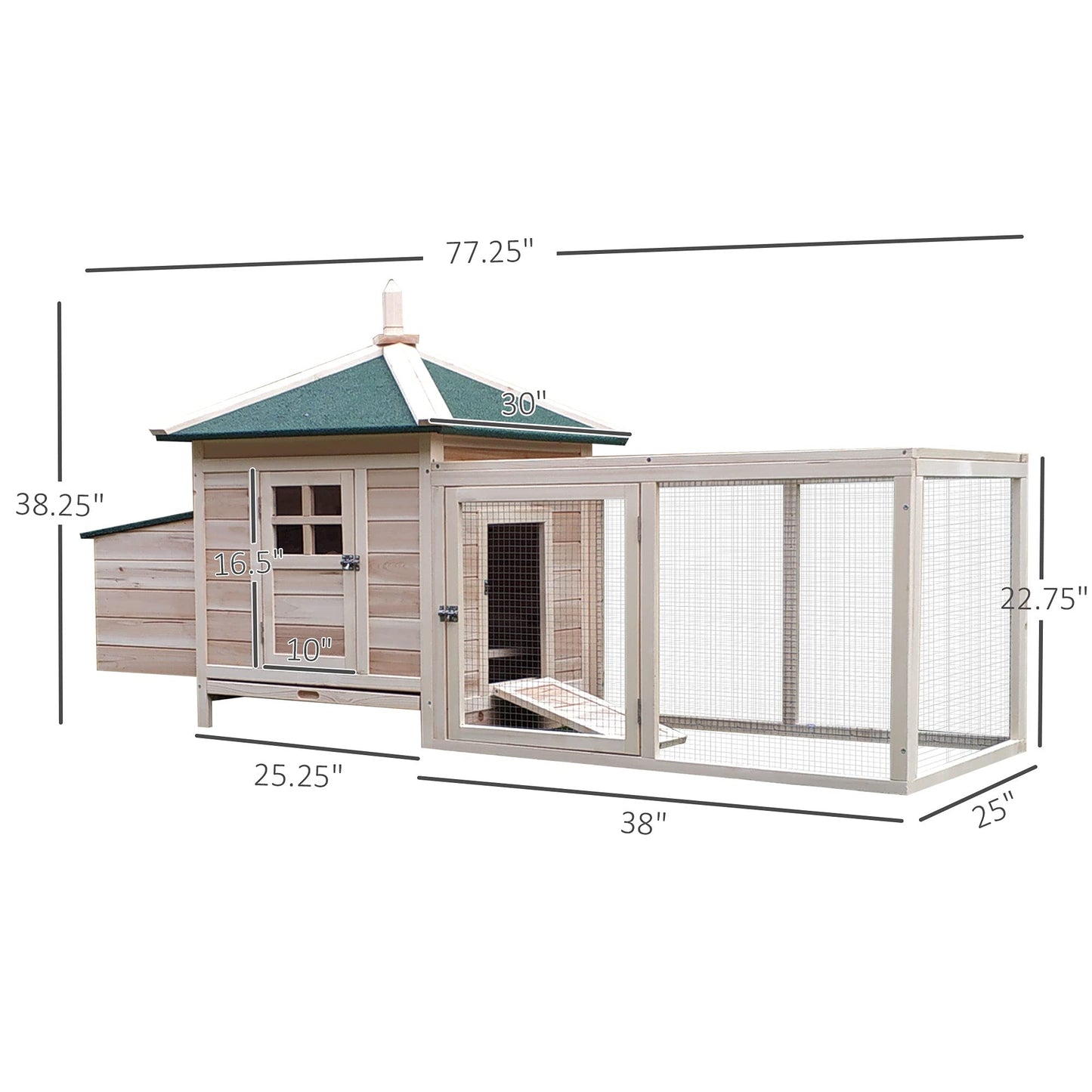 PawHut 77" Wooden Chicken Coop with Nesting Box, Cute Outdoor Hen House with Removable Tray, Ramp Run, for Garden Backyard, Natural