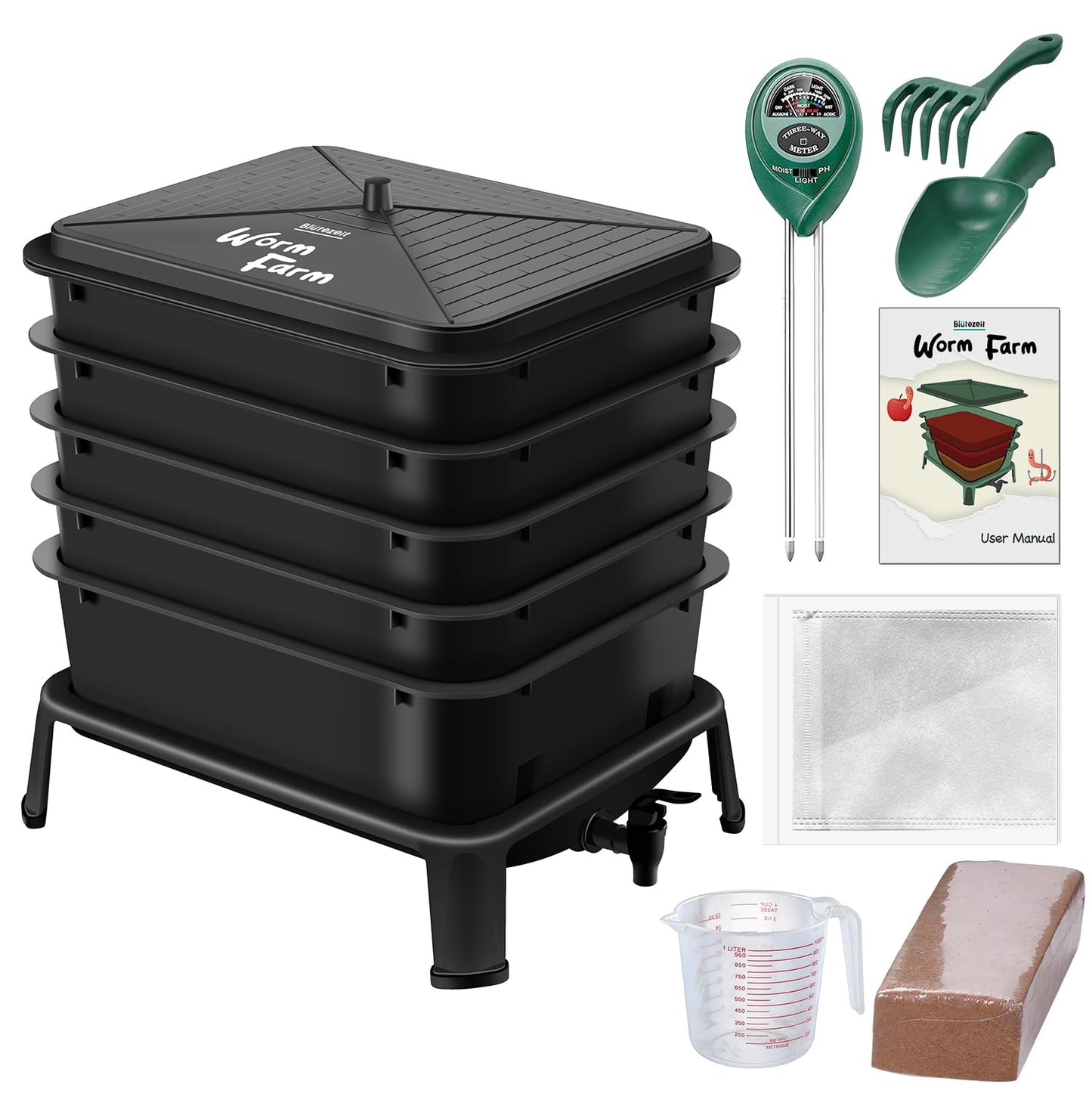 Blütezeit 5-Tray Worm Composter, 53QT Worm Compost Bin Indoor & Outdoor, Worm Farm Kit for Vermicomposting Starter, Recycling Food Waste (Black)