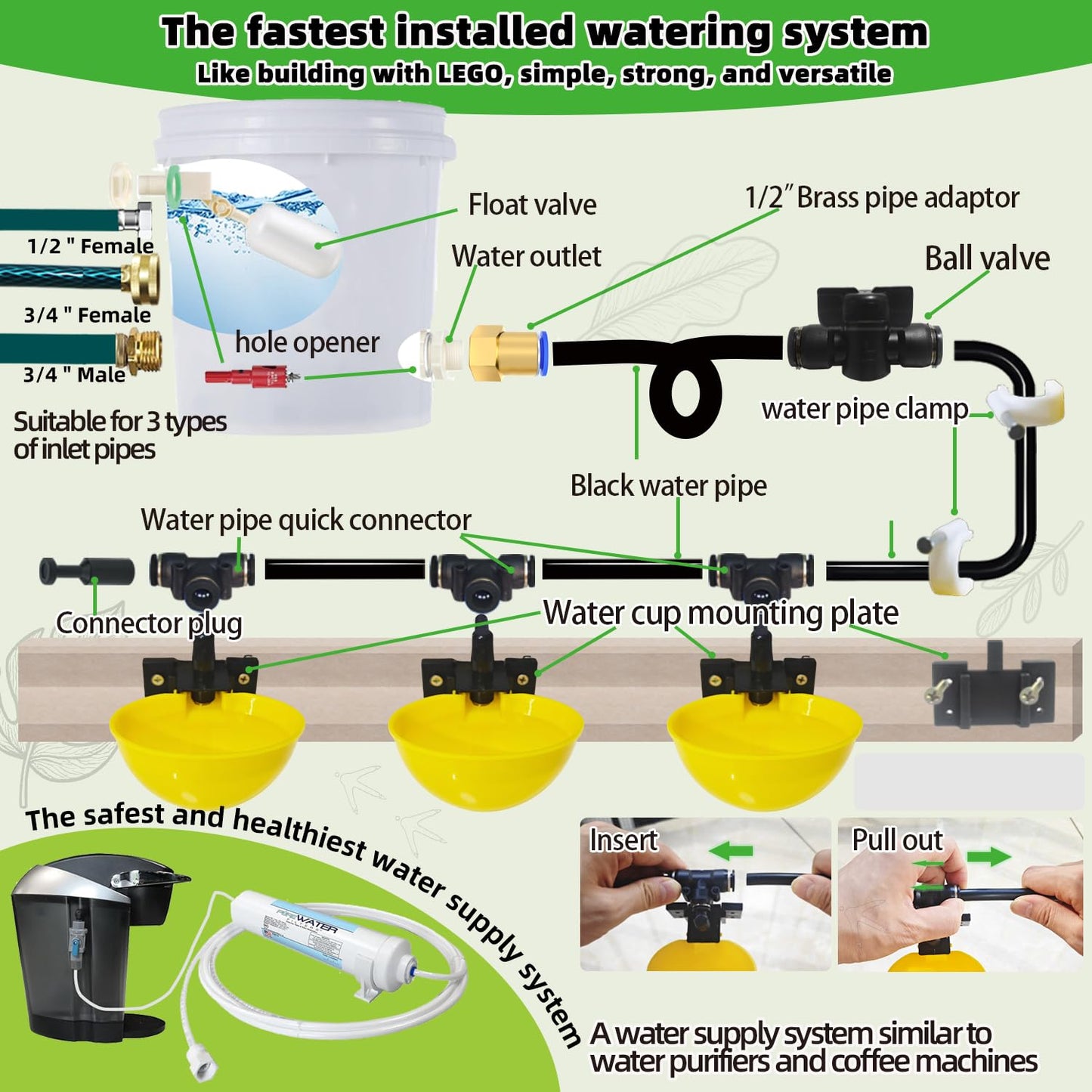 Complete Set Pipeline Automatic Chicken Waterer System, Innovative Quick-Connect Water System with Large Size Water Cups Removable and Washable, 18ft Pipeline and Float Valve (Yellow, 6Cup)
