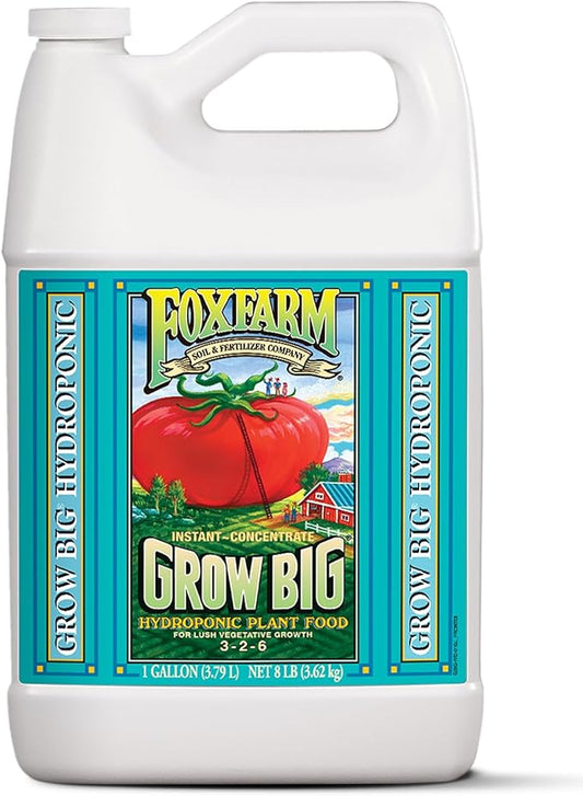 FoxFarm Grow Big Hydro Liquid Fertilizer, Plant Food with Micro Nutrients for Hydroponic Systems - Enhances Vegetative Growth, Flowering, and Fruiting - pH Adjustable, NPK 3-2-6 (Gallon)