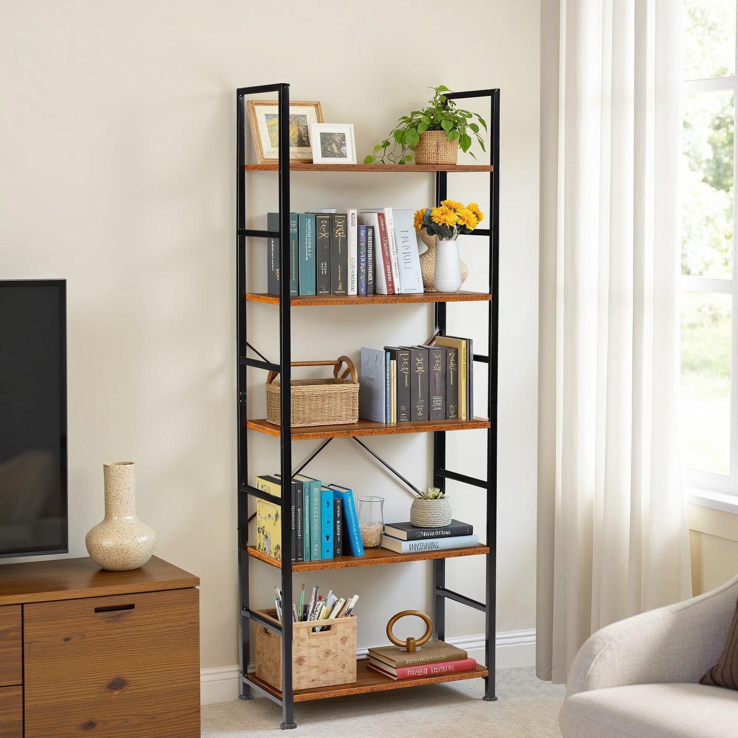 Sweetcrispy 5-Tier Industrial Bookshelf, Rustic Wood and Metal Bookcase with Open Shelves, 62.2-Inch Tall Storage Rack for Living Room, Home Office, Bedroom, Display and Organization, Brown