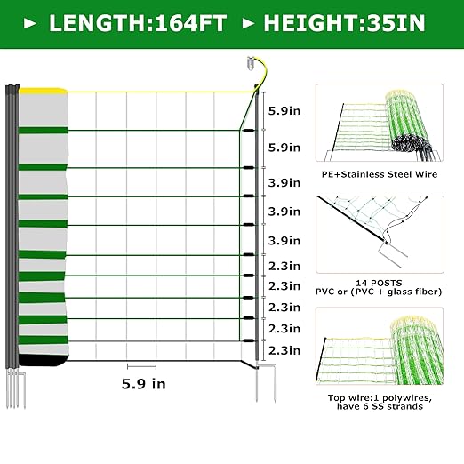 Electric Fence Netting - Chicken Fences for The Yard Semi-Rigid Net for Livestock or Poultry Fence Double Spiked Poultry Netting Fence Electric Portable 35" H x 164' L, 14 Posts