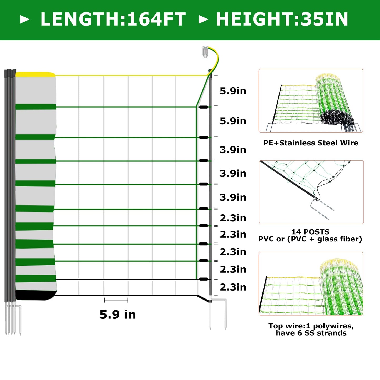 Electric Fence Netting - Chicken Fences for The Yard Semi-Rigid Net for Livestock or Poultry Fence Double Spiked Poultry Netting Fence Electric Portable 35" H x 164' L, 14 Posts
