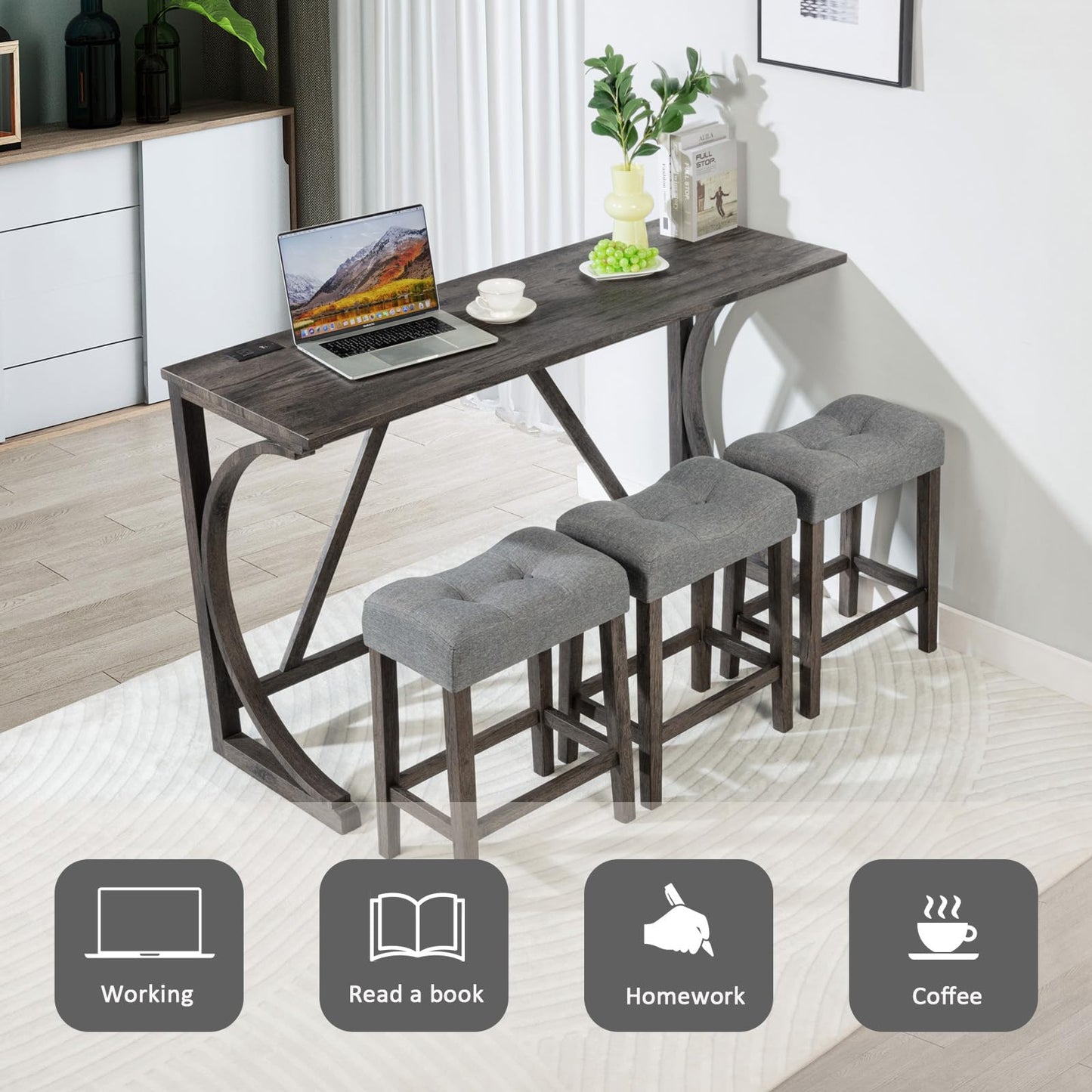 Ball & Cast 4 Piece Counter Height Bar Tables Stool Set, Farmhouse Wooden Kitchen Island-Table w/USB Ports & Power Outlet & 3pcs Padded Stools,59" Dining-Table with Chairs,Charging Station, Dark Gray