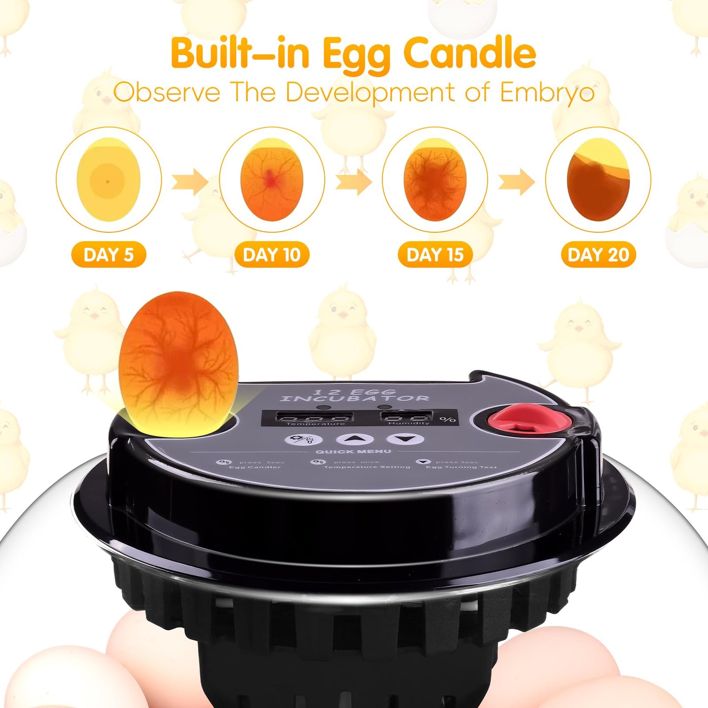 Incubator for incubating Eggs,12 Egg with Temperature and Humidity Control, Automatic Egg Turner, Egg Candler, External Water Bottle Refill, 360° Clear View, Hatching Chicken Duck Quail Bird