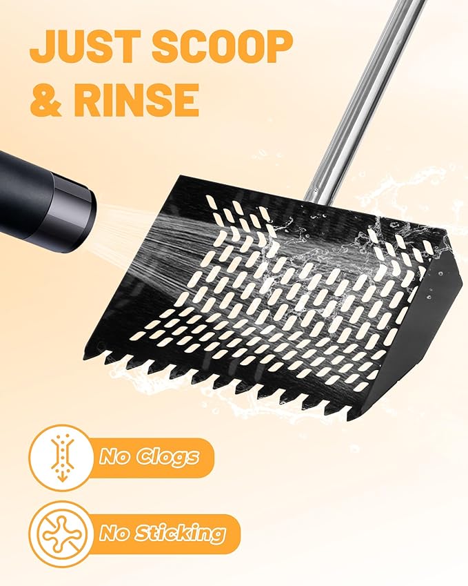 Chicken Poop Scooper & Rake - 2-in-1 Metal Chicken Coop Scoop for Sand with 22 to 62" Adjustable Handle, Litter Sifting Shovel Cleaning Tools for Chicken Run, Animal Farm, Duck Coop Black