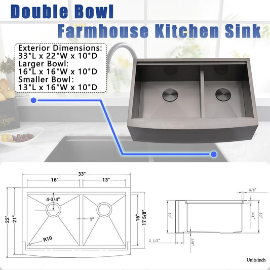 Kitead 33x22 Double Bowl Farmhouse Sink Workstation - 33 Inch Black Stainless Steel Kitchen Sink Double Bowl, Undermount Farmhouse Kitchen Sinks with Accessories