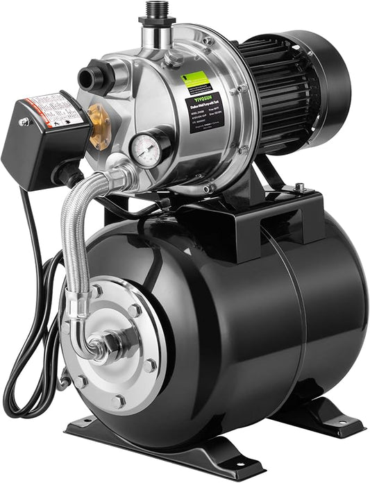 VIVOSUN 1.6 HP Shallow Well Pump with Pressure Tank, NSF Certified, 1320 GPH, Stainless Steel, Automatic Water Booster Jet Pump with Two Adapters for Home, Garden, Lawn