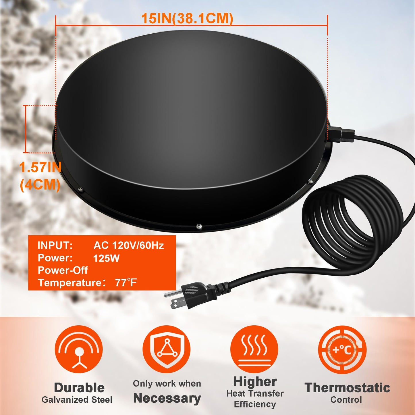 Eggluuz Chicken Waterer Heater, 125W Chicken Drinker Heated Base for Winter 15 in Chicken Water Heater with Thermostat