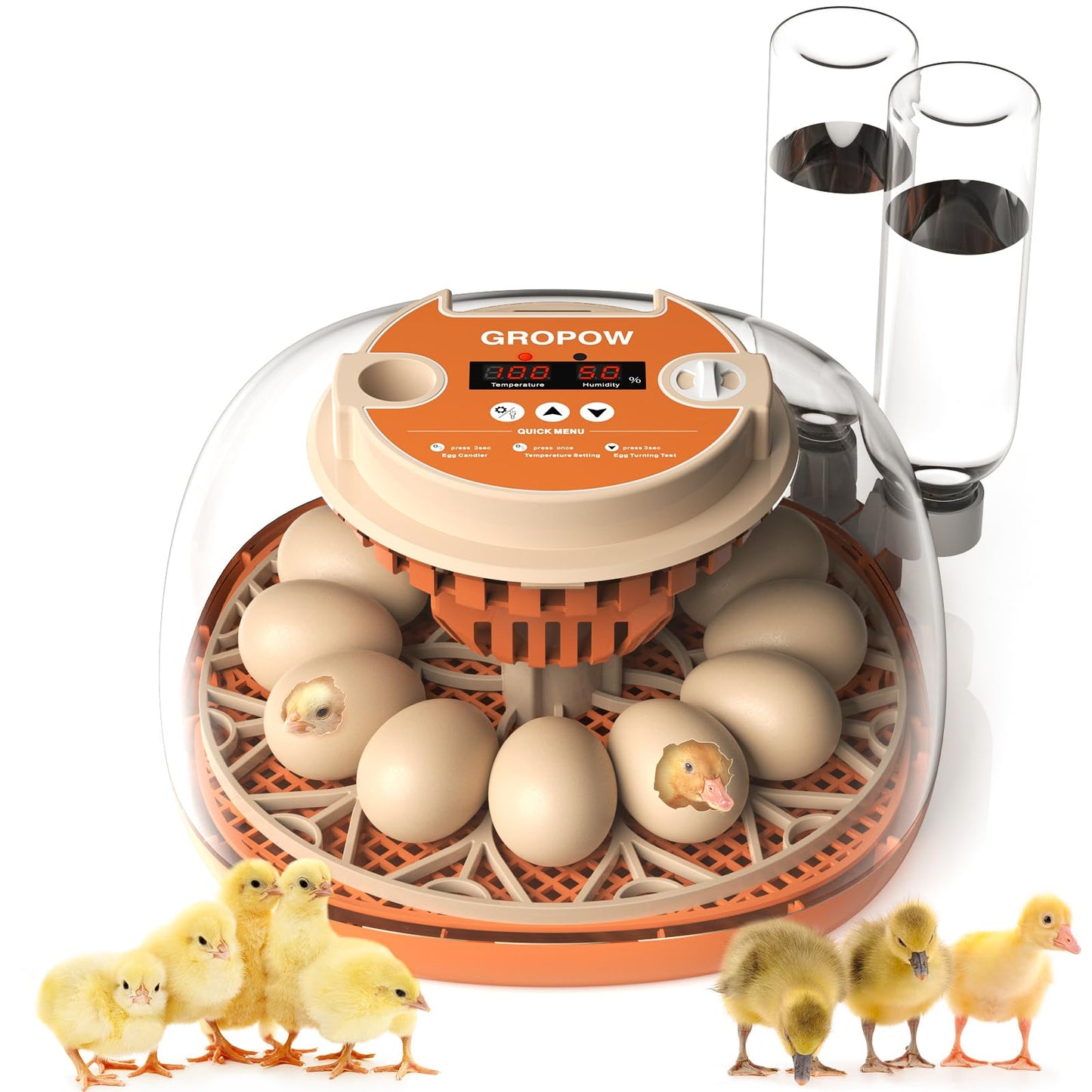 GROPOW 12 Egg Incubator, Automatic Turning with Temperature & Humidity Control, Egg Candler, 360 View with Air Vent, Auto Water Bottle Refill, Chicken Incubator for Hatching Eggs