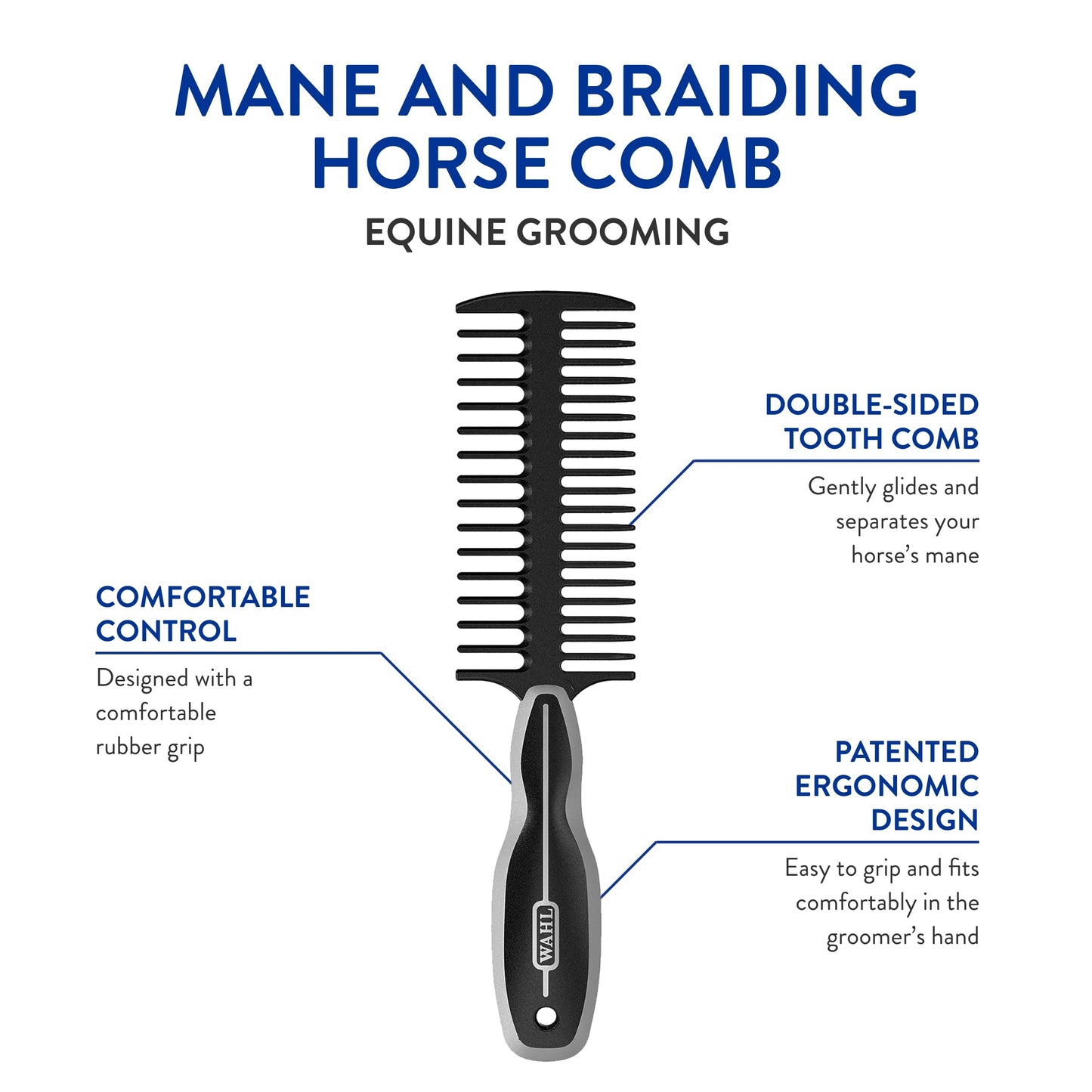 WAHL Professional Animal Mane & Tail Brush - Ergonomic Black Braiding Comb (#858708) for Equine Grooming