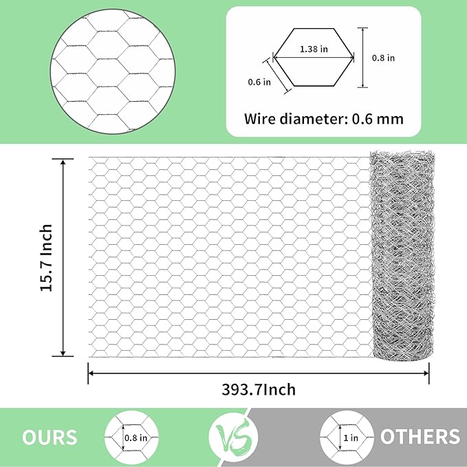 Chicken Wire 15.7 in x 393.7 in Poultry Wire Netting Hexagonal Galvanized Mesh Garden Fence Barrier for Pet Rabbit Chicken Fencing with 100 Pcs Cable Zip Ties