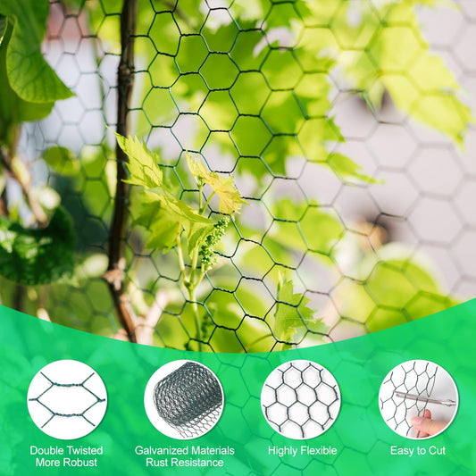 HANWRAPS Chicken Wire, 15.7 x 90.5 Inches, Green, Hexagonal Mesh, Galvanized Metal Poultry Wire Netting for Crafts, Poultry, Garden