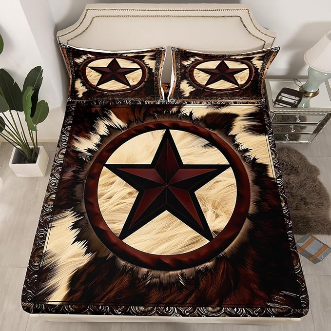 Cow Sheet Set Twin for Rustic Decor,Western Texas Star Bed Sheets for Cowboy Cowgirl,Vintage Cowhide Bedding Set,Farmhouse Highland Cow Fitted Sheet + Flat Sheet + 1 Pillowcase Bedroom Decor