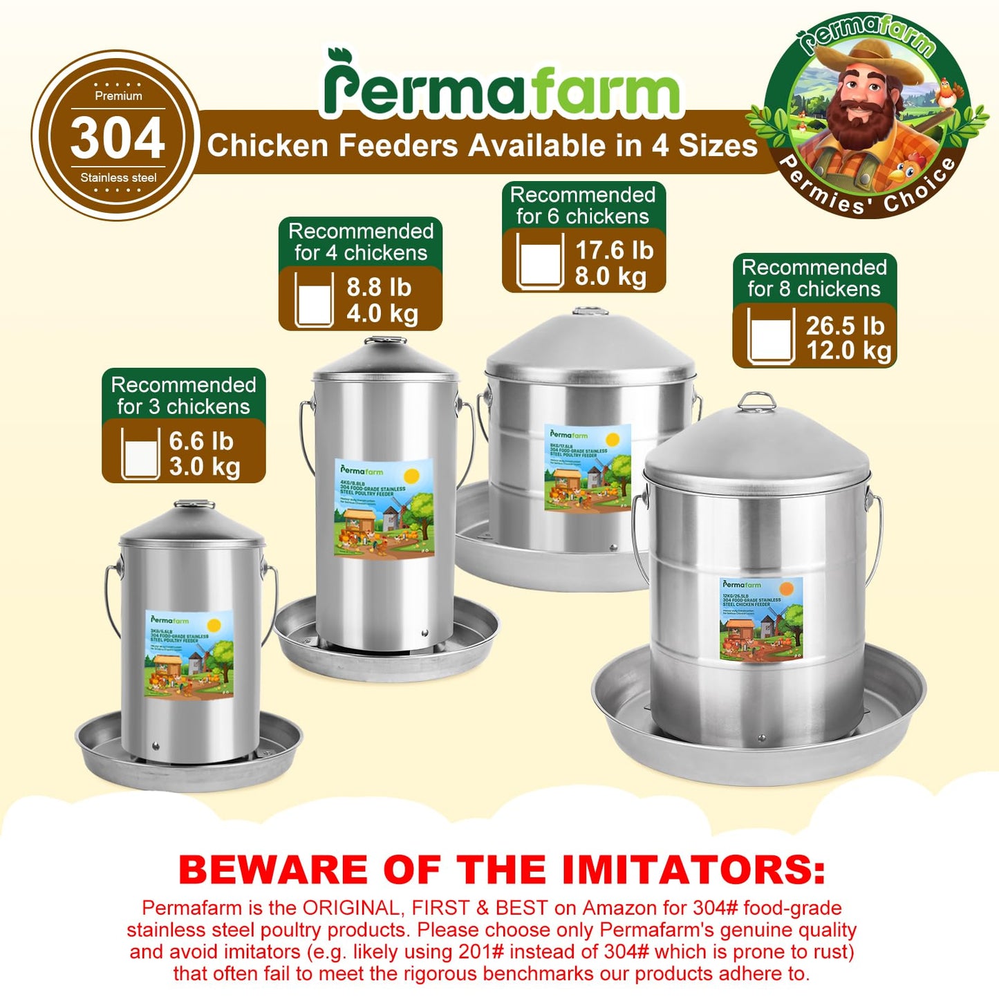 Permafarm® Automatic Chicken Feeder 12KG/26.5lbs, Authentic 304 Food-Grade Stainless Steel Poultry Feeder |Heavy-Duty 0.9mm Metal Thickness, Top-Fill Design, Rust-Free & Built for Life-Long Durability