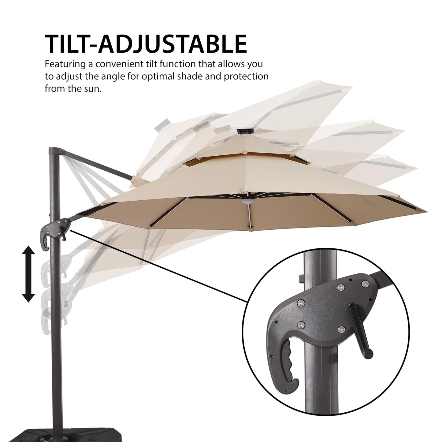 Greemotion Pire 8-foot Cantilever UV-resistant Shade Rotation Tilt Umbrella with Heavy Base and Built-in Solar Panel LED Light for Outdoor, Porch, Pool, Deck, Grey