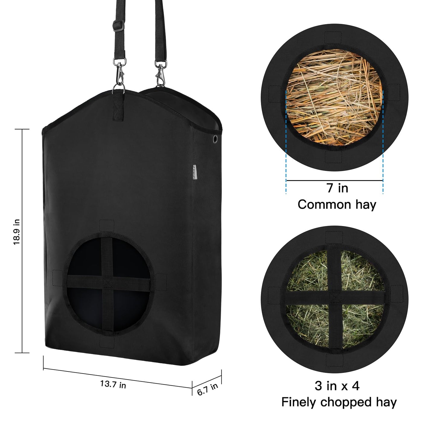 MIYABALA 3 Packs Goat Hay Feeder,Hay Bags for Goats,Horses,Sheep,Premium 600D Oxford Cloth,with Metal Fastener and Adjustable Open Feed Hole for Slow Feeding. (3 Black)