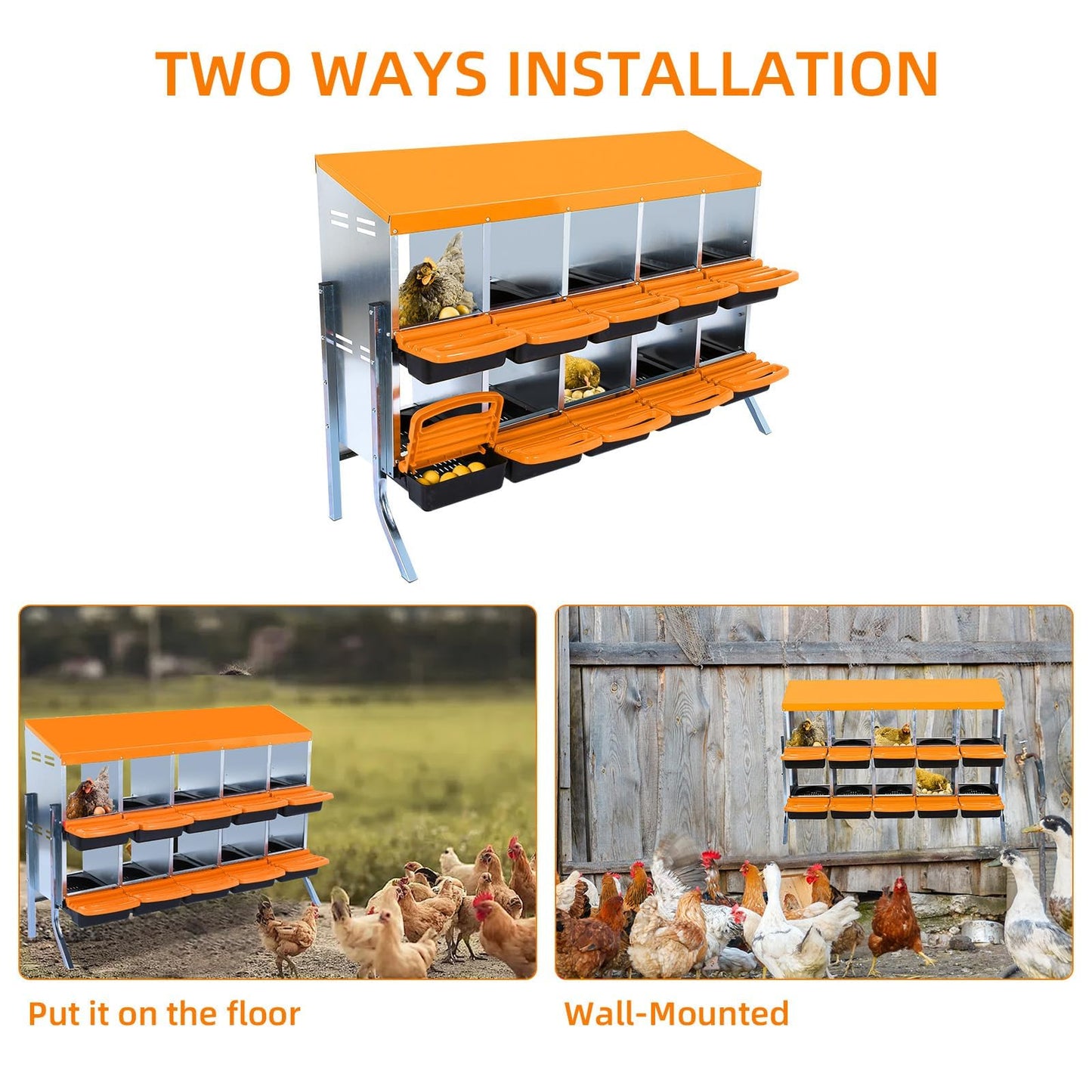 Chicken Nesting Boxes, 10 Hole Metal Chicken Laying Box with with Removable Trays and Roll Out Egg Collection for Chicken Coop, with Metal Bracket, Orange