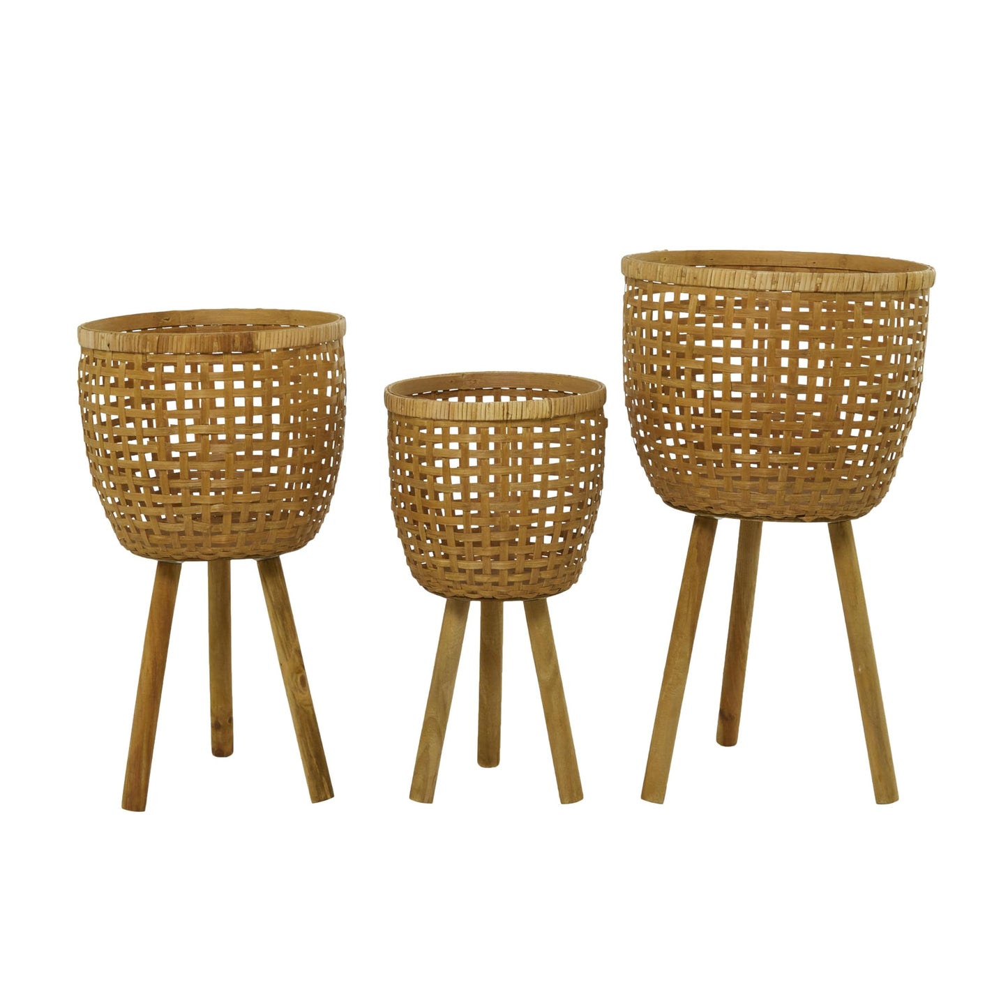Deco 79 Bamboo Wood Handmade Indoor Planter Woven Basket Large Planter Pot with Wooden Tripod Legs, Set of 3 Planters 26", 23", 20"H, Brown