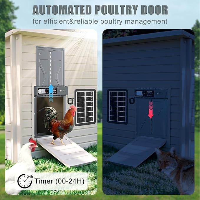 Automatic Chicken Coop Door Solar Powered with Timer, Remote Control, Anti-Pitch Aluminum Alloy Auto House Door for Chicken, Duck, Poultry, Weatherproof