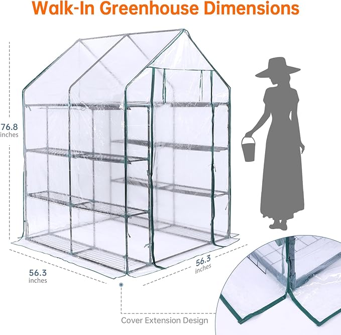 Bstrip Walk In Greenhouse, Indoor Greenhouse with Grow Lights, Mini Indoor Greenhouse with Roll-Up Zipper Entry Door and PVC Cover, Dimmable 2FT 120W Plant Light with Timer (56.3"W X 56.3"L X 76.8"H )