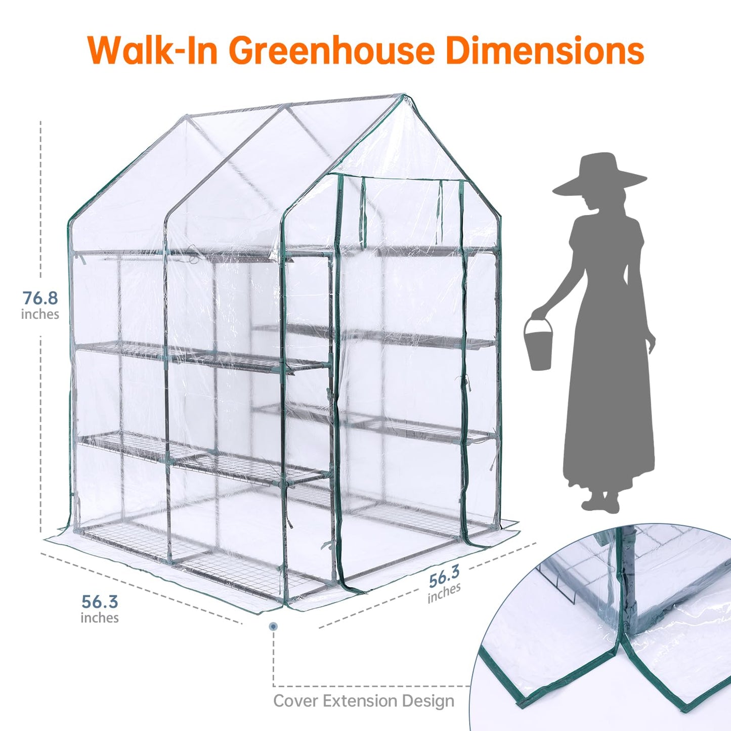 Bstrip Walk In Greenhouse, Indoor Greenhouse with Grow Lights, Mini Indoor Greenhouse with Roll-Up Zipper Entry Door and PVC Cover, Dimmable 2FT 120W Plant Light with Timer (56.3"W X 56.3"L X 76.8"H )