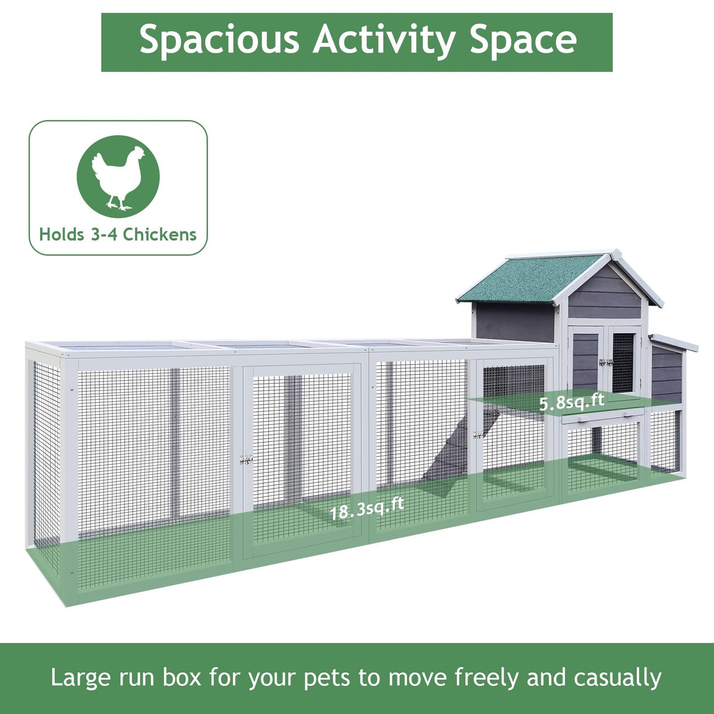 Yafylly 122" Wooden Chicken Coops for 3-4 Chickens, Outdoor Chicken Coop with Run, Nesting Box, Perch, Ramp, Sliding Tray, Waterproof Roof, Poultry Cage Duck Coop Rabbit Hutch for Backyard, Gray