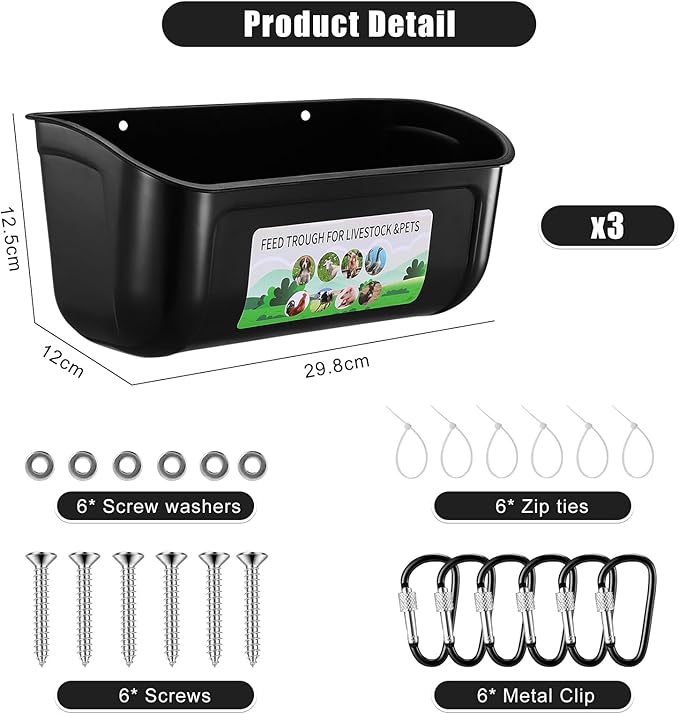 Chicken Feeder Waterer, 3 Pack Duck Feeder Supplies, Hanging Fence Feed Trough with Clips for Goat, Sheeple, Piglet, Gooses, Turkeys, Dog Livestock Poultry, Black