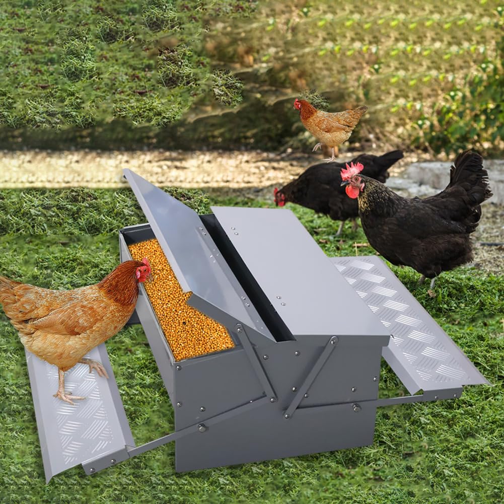 Automatic Chicken Feeder Treadle Feeding Trough, No Waste 25lbs Large Capacity Capacity Double-Side Treadle Auto Poultry Feeder, with Weatherproof Lid for for 6-12 Hens Fowl Duck