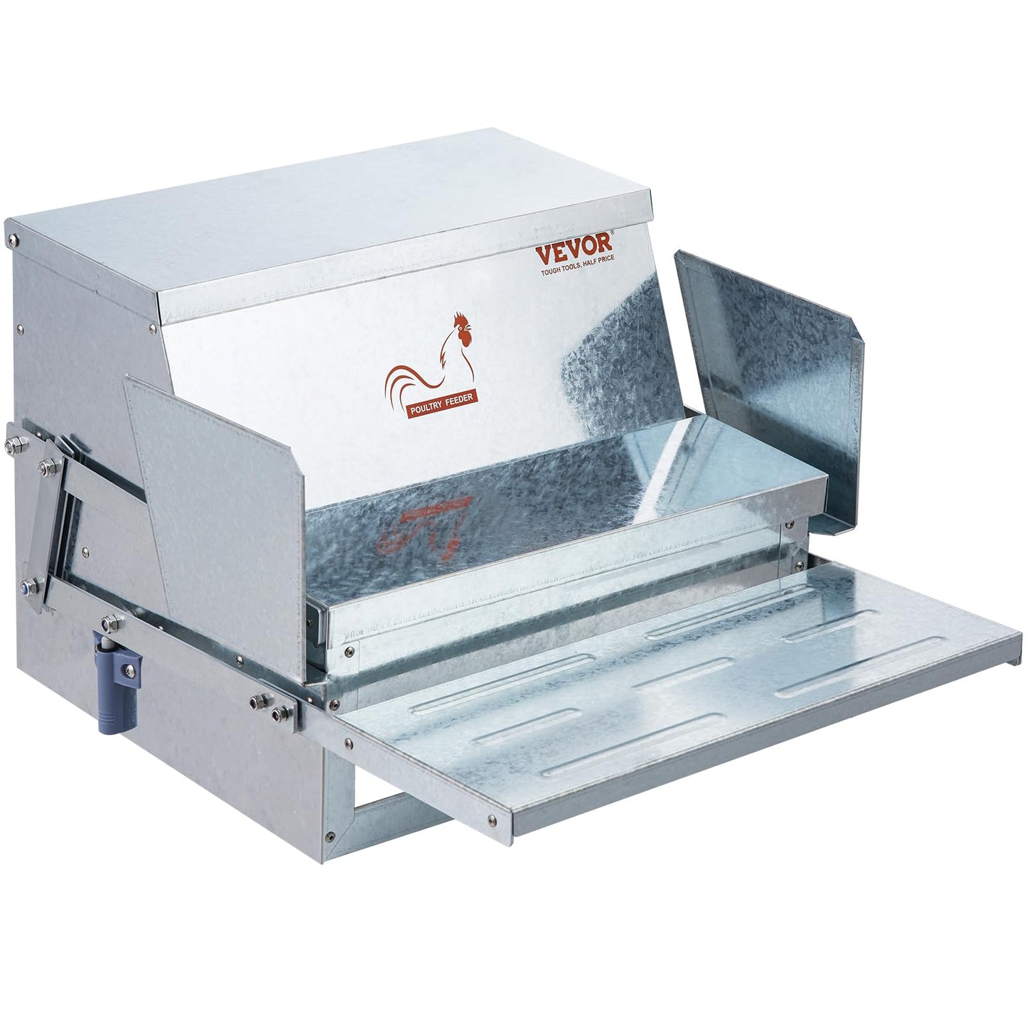 VEVOR Poultry Feeder, 25lbs Capacity, Feed Chicken Feeder with Lid & Lock, Outdoor Coop Food Dispenser, No Waste, Weatherproof Galvanized Metal Feeder for Ducks, Geese