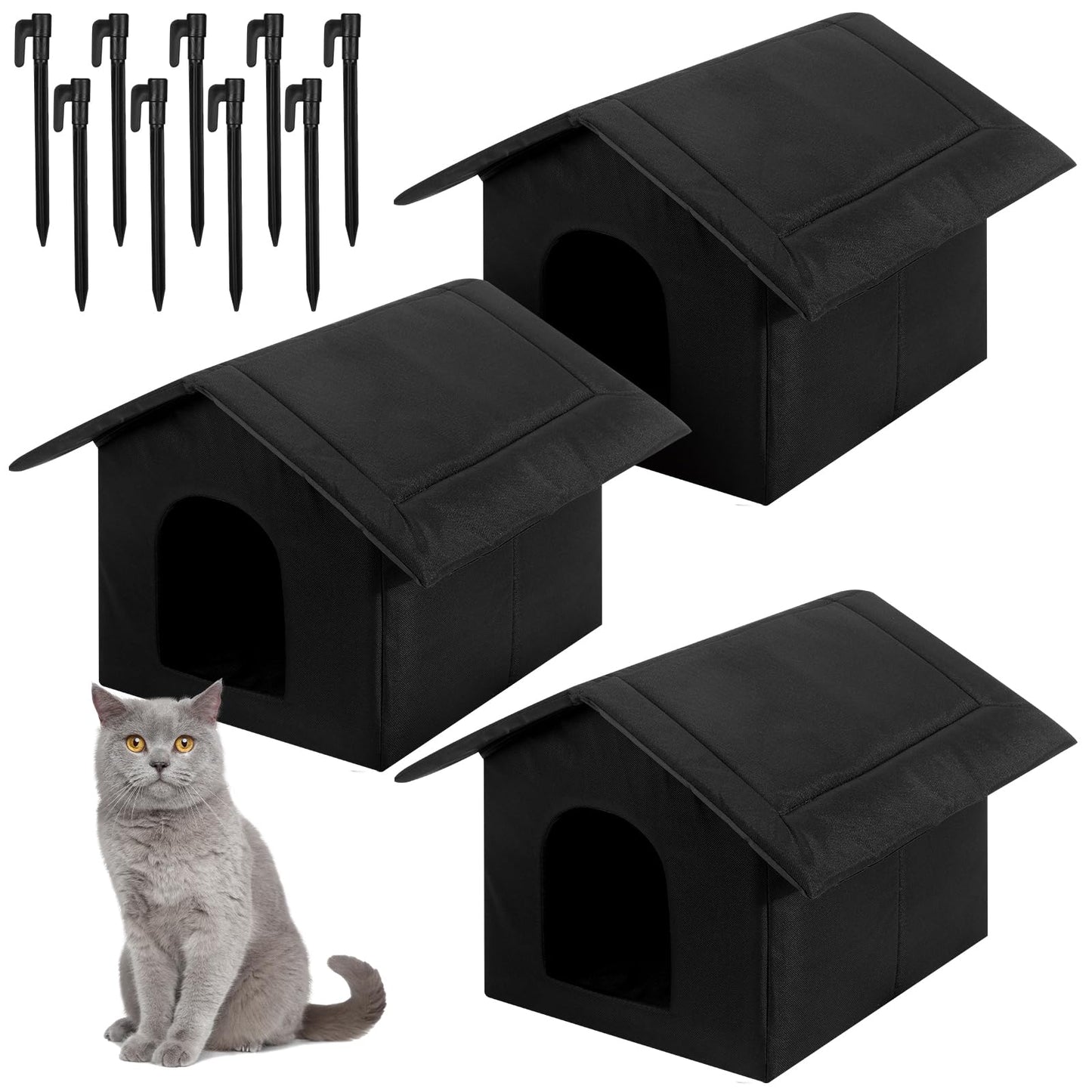 Soaoo 3 Pcs Cat Houses for Outdoor Stray Cats Shelter Weatherproof Outside House Indoor Foldable Pet Cave with Tent Stakes for Wild Animal Dogs(Pure Black Style)