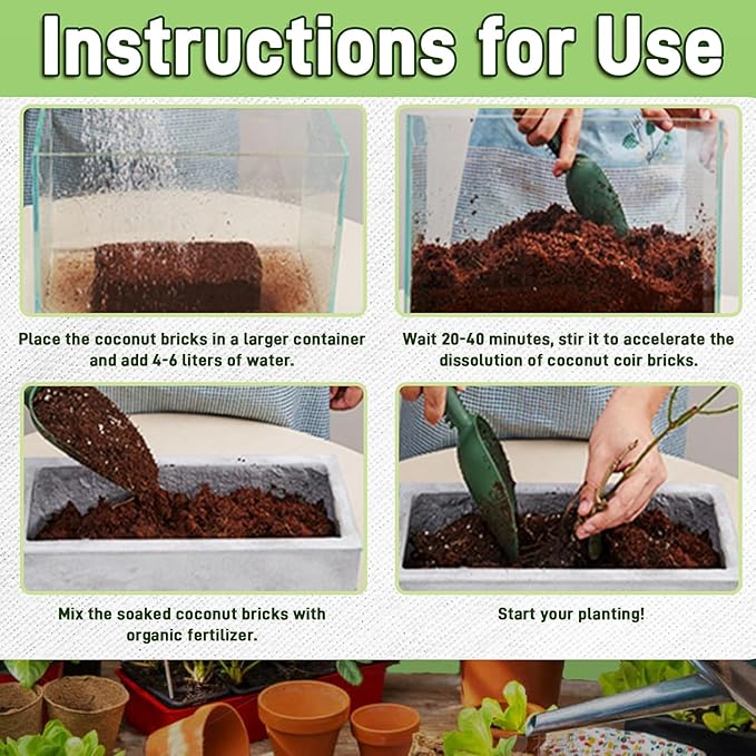 Premium Organic Coconut Coir Bricks - 8 Pack Coco Coir Bricks for Planting, Gardening, and Potting Soil Substrate. Low EC & pH Balanced 100% Organic Peat Moss Mix with Fiber from Coconut Husks