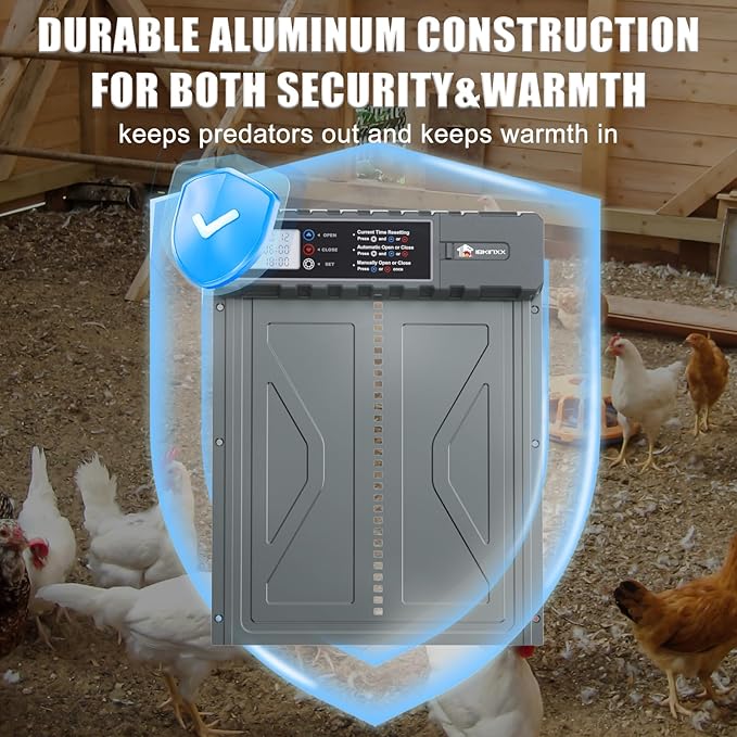 Automatic Chicken Coop Door Solar Powered with Timer, Remote Control, Anti-Pitch Aluminum Alloy Auto House Door for Chicken, Duck, Poultry, Weatherproof