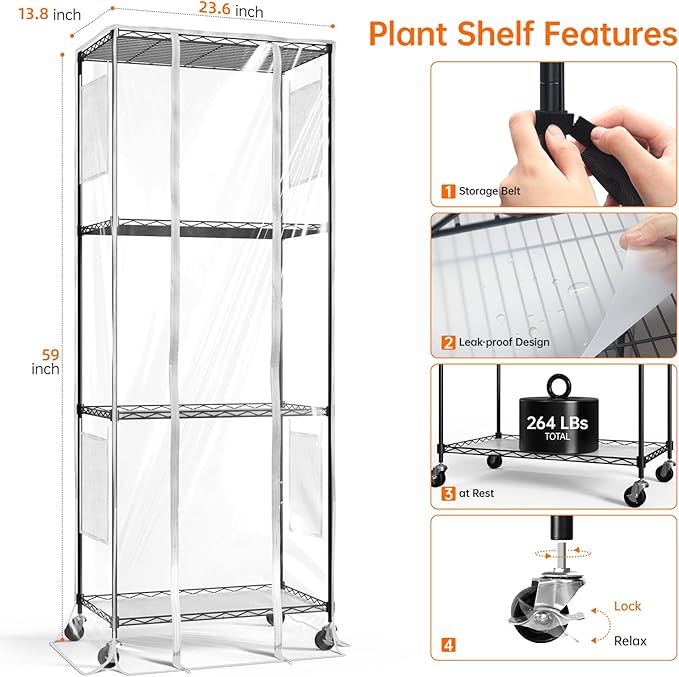 Bstrip Indoor Greenhouse with Grow Light, Metal Plant Stand, 3 Pack T8 2FT Full Spectrum Plant Lights, Timer, Black, 23.5"x13.8"x59"