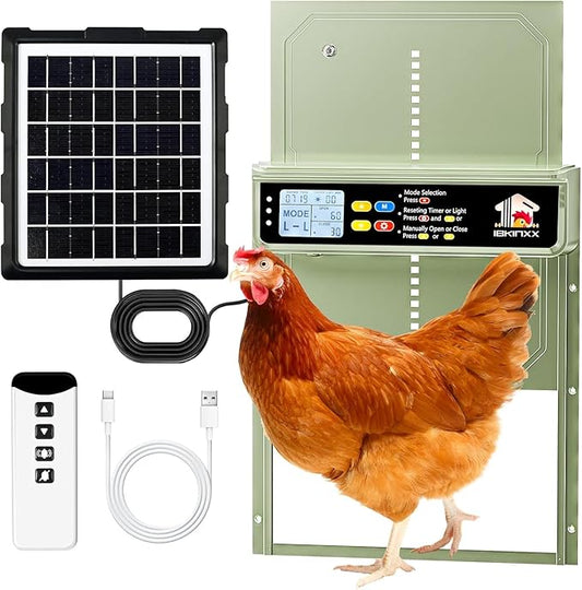 Automatic Chicken Coop Door Solar Powered with Timer, Light Sensor, Remote Control, LCD Display, Aluminum Alloy 4 Auto Modes Wide Chicken House Door, Anti-Pinch, Weatherproof, USB Backup, Green