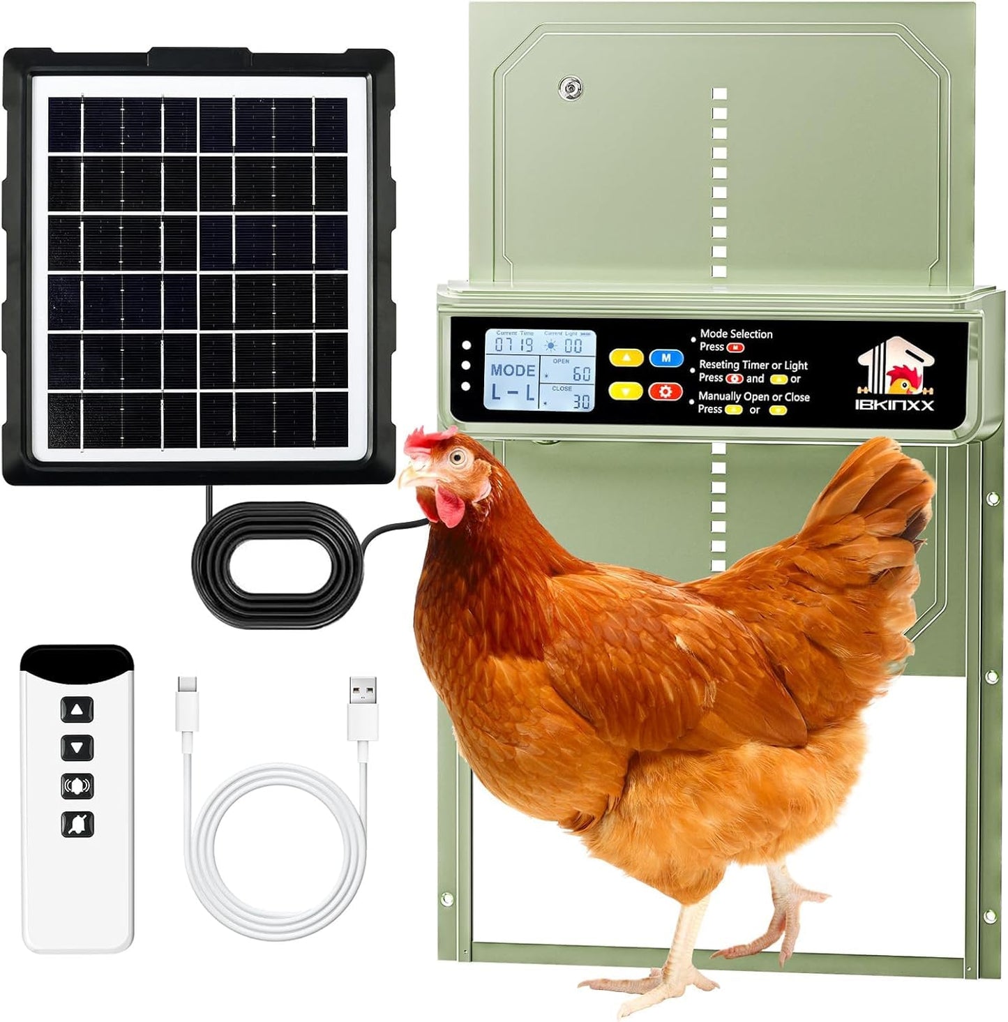 Automatic Chicken Coop Door Solar Powered with Timer, Light Sensor, Remote Control, LCD Display, Aluminum Alloy 4 Auto Modes Wide Chicken House Door, Anti-Pinch, Weatherproof, USB Backup, Green