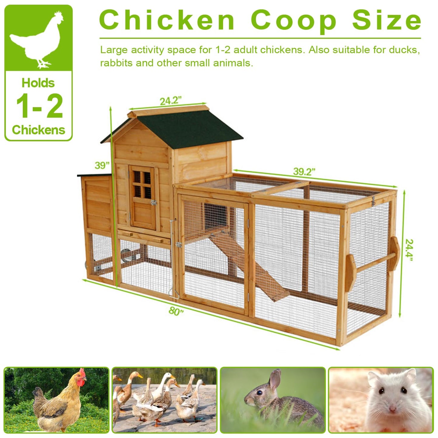 ECOLINEAR Large Chicken Coop with Wheels, Waterproof Outdoor Hen House for 6-8 Chickens, Movable Chicken House with Two Nesting Box, Removable Tray, PVC Cover, Wooden Duck Coop Rabbit Hutch