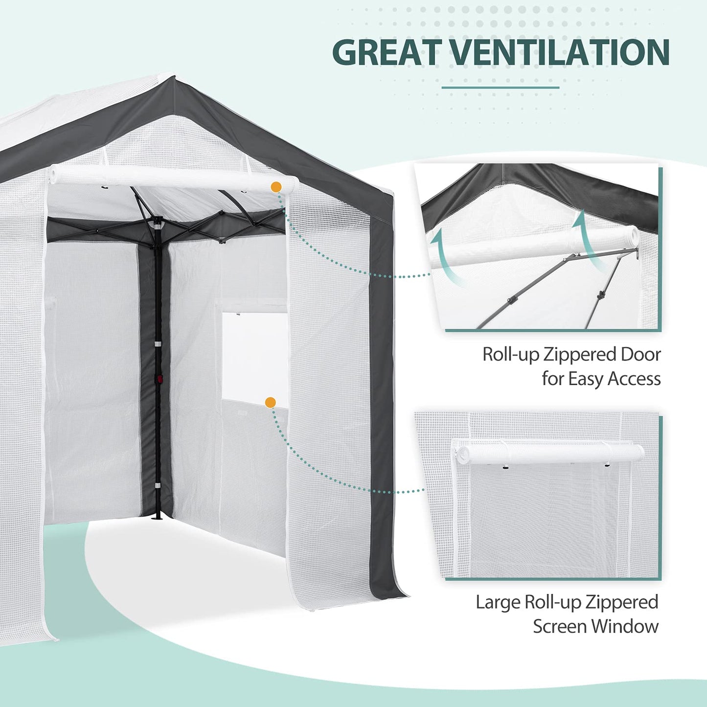 EAGLE PEAK 8x8 Portable Walk in Greenhouse with Polyester Reinforced Corners, Heavy Duty Instant Pop Up Indoor Outdoor Green House, Front Roll Up Zipper Entry Door and Mesh Windows, Gray/White