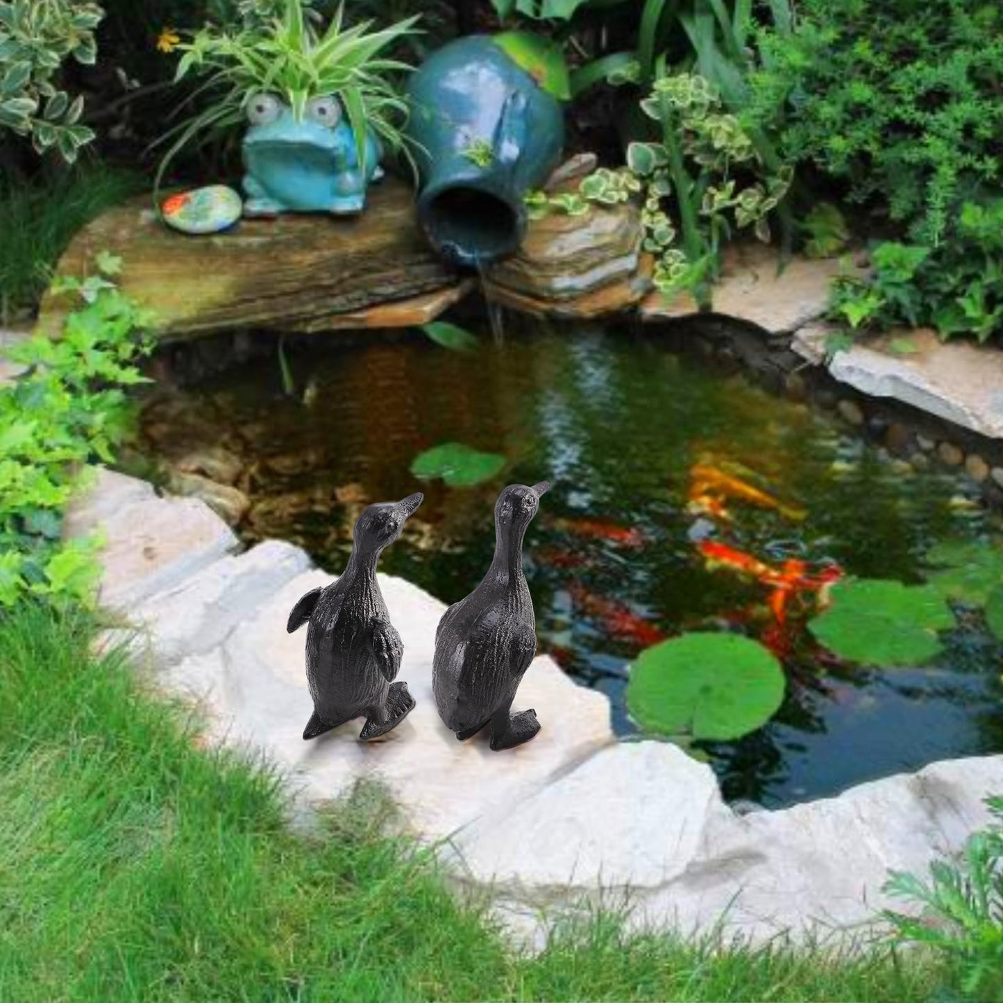 Bolifish Cast Iron Duck Statue Set of 2, Heavy Duty Small Cute Duck Statuary Ducks Decor for Garden Desktop Farmhouse Figure Home Decoration