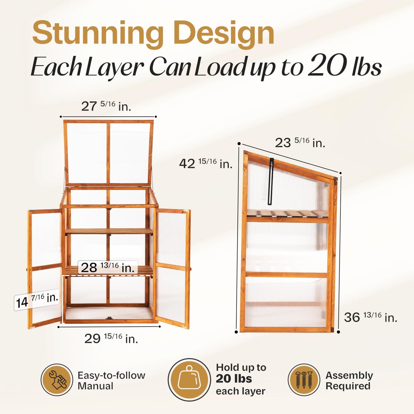 IDZO Fir Wood Cold Frame Greenhouse for Outdoors, 2-Tier Greenhouse Cabinet with Transparent Polycarbonate Sheet & Foldable Top Creates an Ideal Environment for Various Plant Growth, Easy Assembly