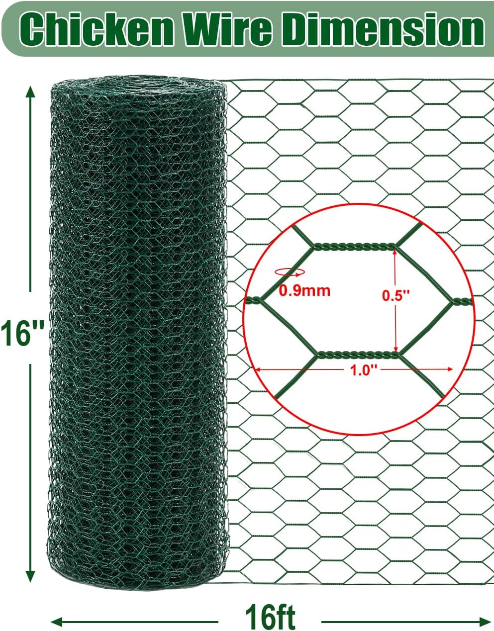 TOYPOPOR Chicken Wire, 16''x 190''/16ft Mesh Roll for Floral Arrangements, Anti-Rust PVC Coated Garden Netting, Rabbit Animal Fence with Cutting Plier, Gloves and Ties for DYI Crafts, Poultry, Garden