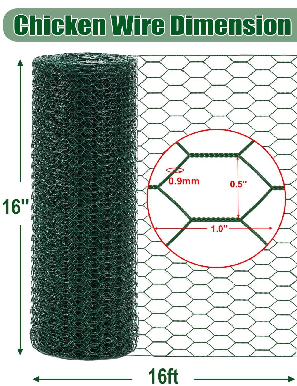TOYPOPOR Chicken Wire, 16''x 190''/16ft Mesh Roll for Floral Arrangements, Anti-Rust PVC Coated Garden Netting, Rabbit Animal Fence with Cutting Plier, Gloves and Ties for DYI Crafts, Poultry, Garden