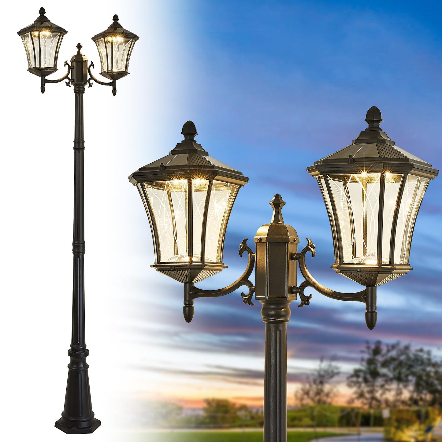 SCNYCUL Outdoor Solar Lamp Post Lights with Dusk to Dawn Sensor, Waterproof 2-Head Large Lantern Street Lights, Modern Solar Column Pole Light Fixtures for Outside, Garden, Driveway, Backyard, Black