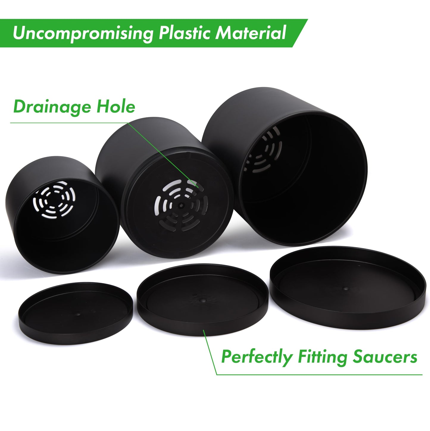 D'vine Dev 12 Inch 14 Inch 16 Inch, Set of 3 Plastic Planter Pots for Plants with Drainage Hole and Seamless Saucers, Black Color, XXX-Large, 74-V-B-7