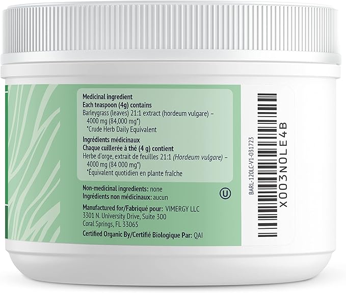 Vimergy Barley Grass Juice Powder Dietary Supplement - 0.8g per Serving (150 Servings) – Clean Superfood Formula – Promotes Cardiovascular Health* – Organic, Vegan & Gluten-Free – Travel Size 120g