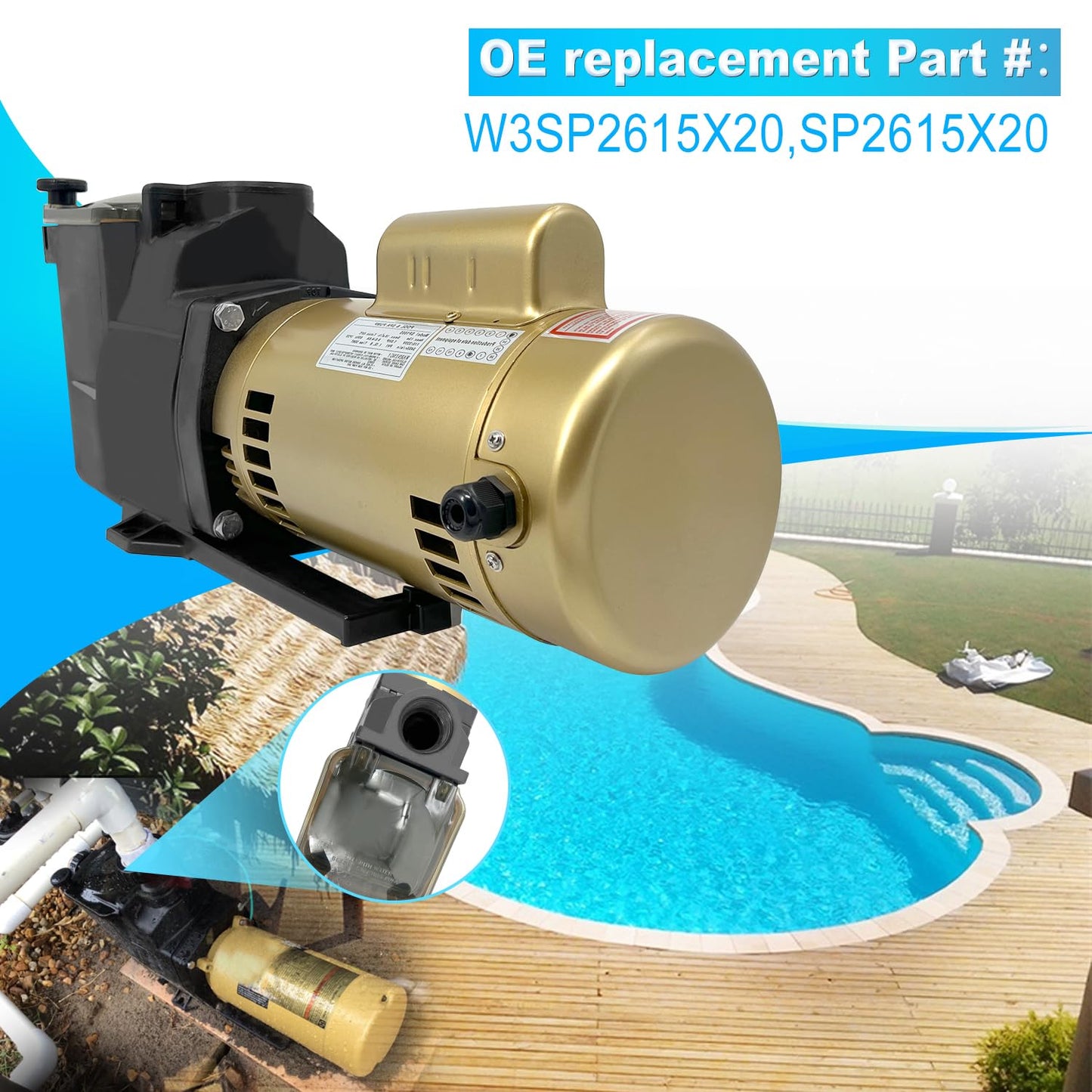 W3SP2615X20 2HP Pool Pump 115/230V Single Speed Compatible with Hayward Super Pool Pump SP2615X20 for All In-Ground Pool and Spa